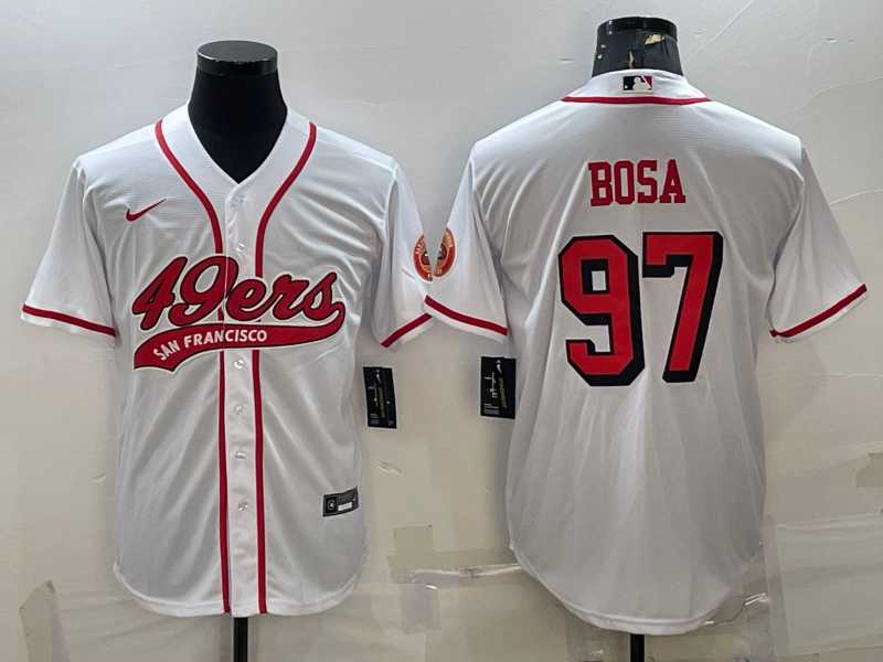 Men%27s San Francisco 49ers #97 Nick Bosa New White With Patch Cool Base Stitched Baseball Jersey->san francisco 49ers->NFL Jersey